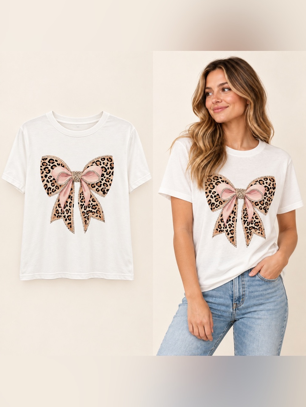 NWOT White Tee with Leopard Bow Graphic
